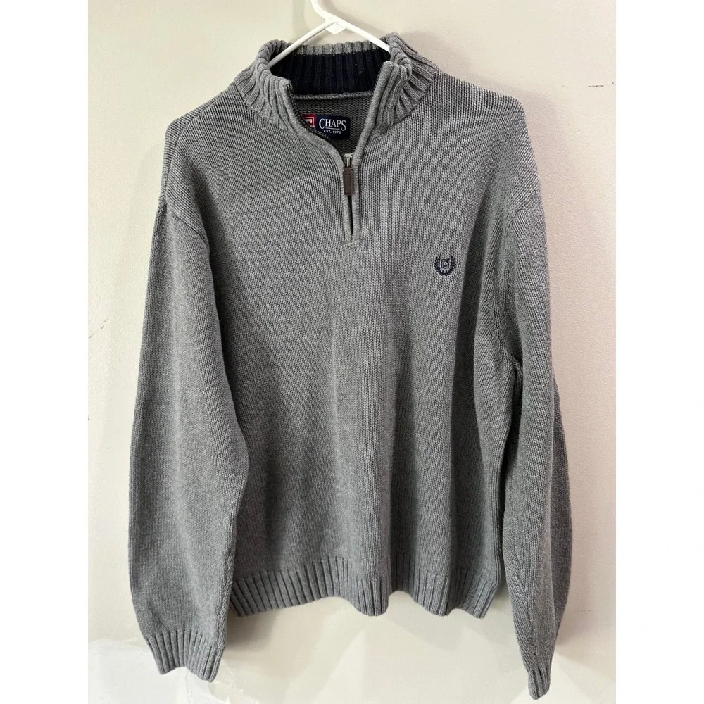 Chaps Mens XXL Gray 100% Cotton Quarter Zip Pullover Sweater Mock Neck Logo Knit
